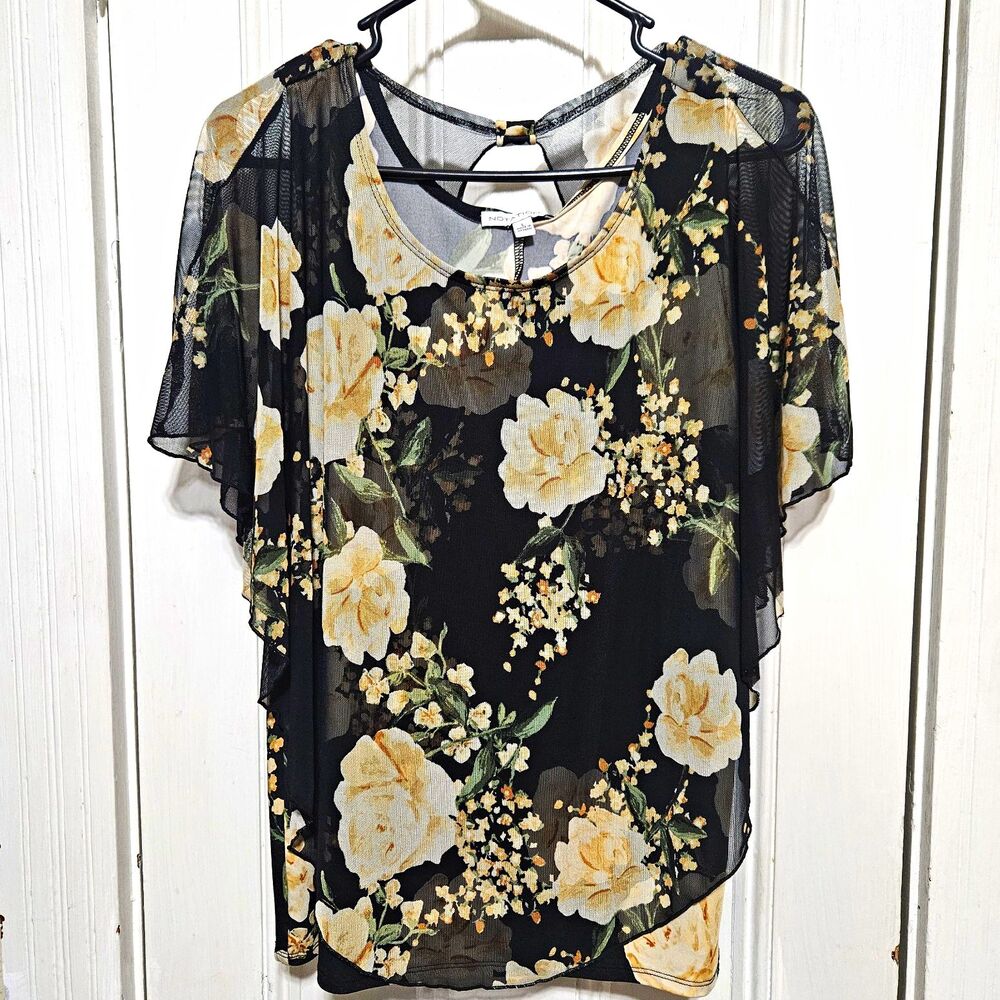 Notations Floral Black Yellow Rose Flutter Sleeve Cutout Back Large